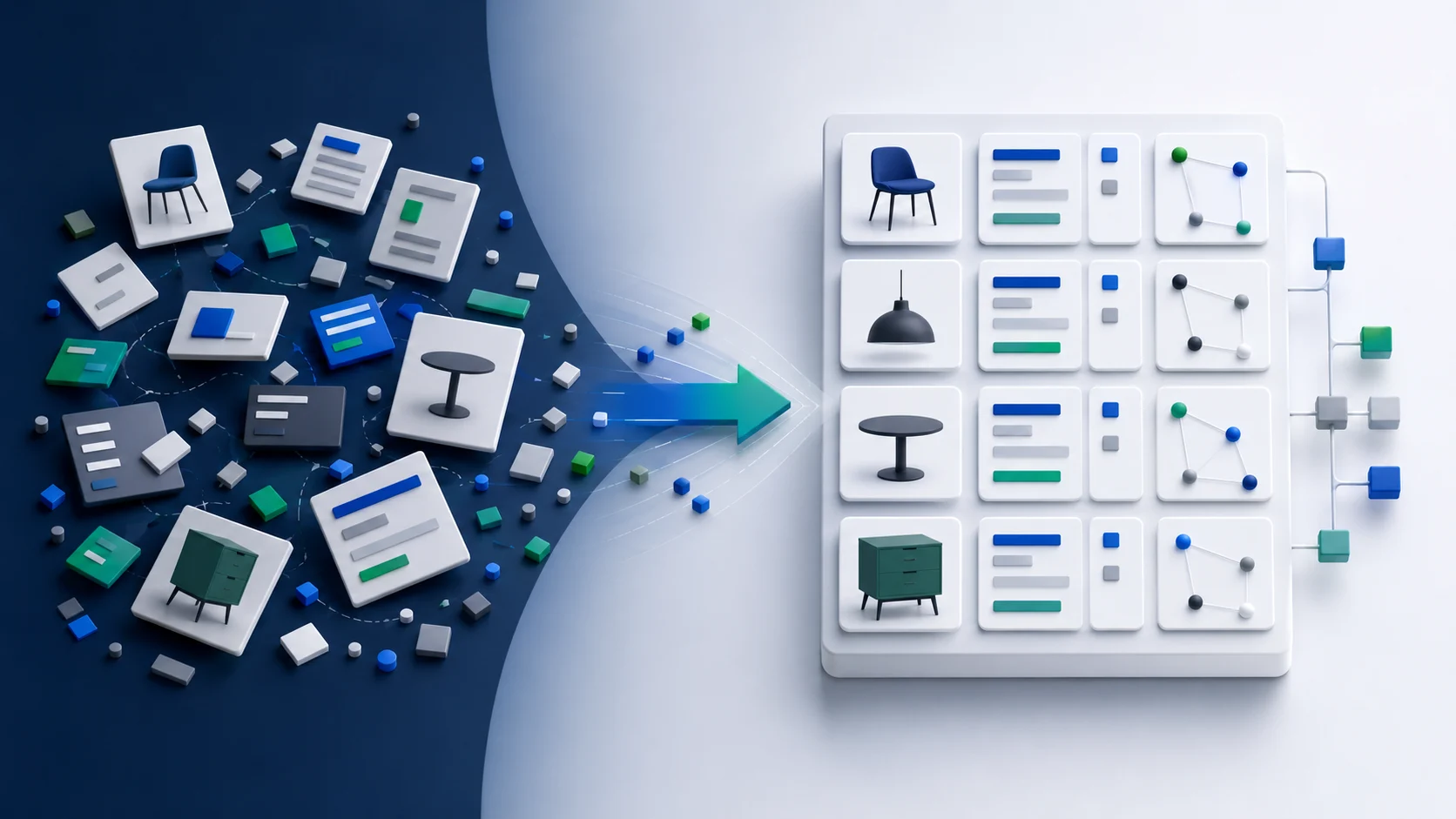 Concept illustration showing scattered product information becoming organized channel-ready records